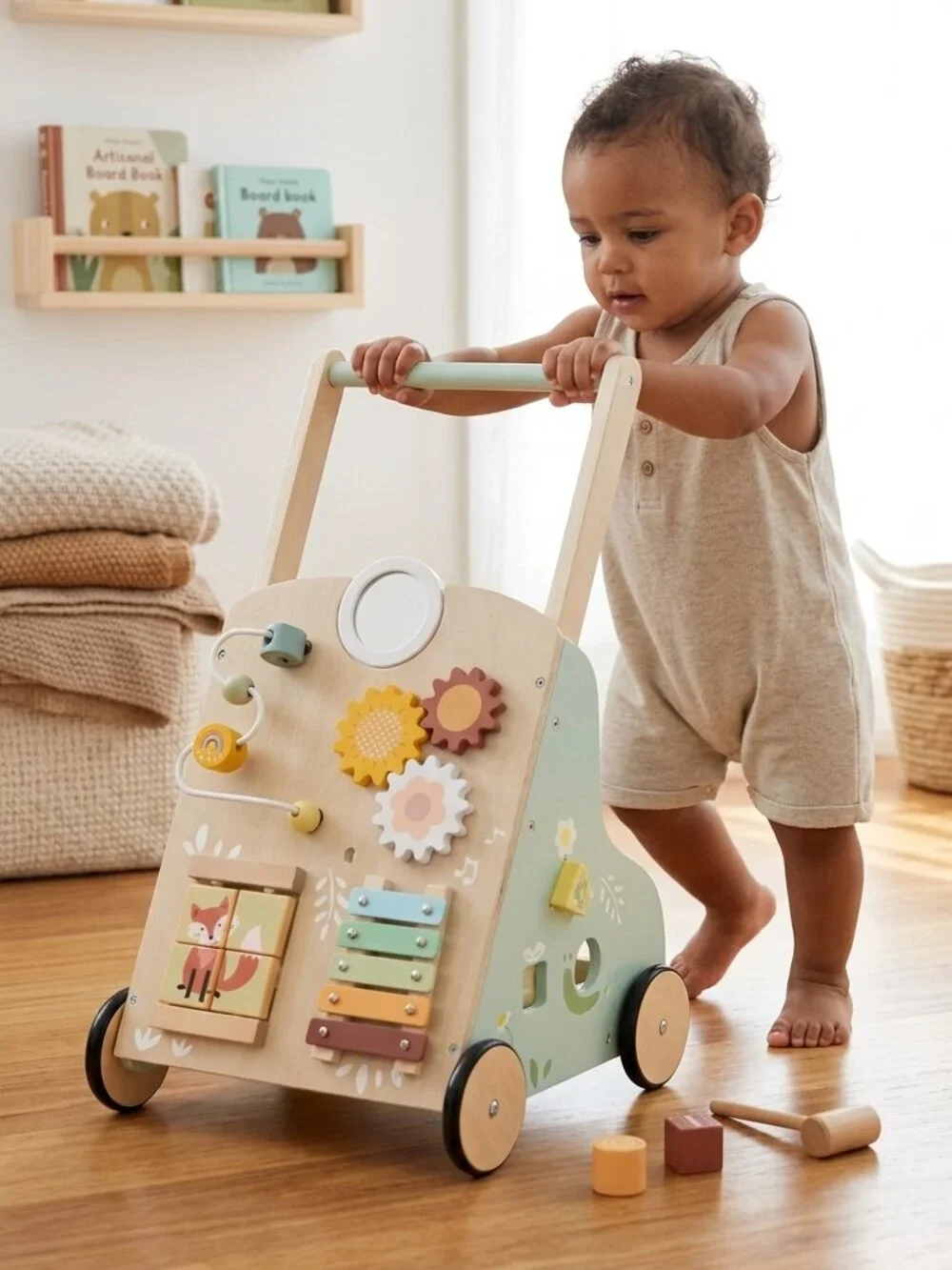 Wooden Baby Walker for Toddlers, Montessori 6-in-1 Activity Learning Toy - Picture 4 of 16